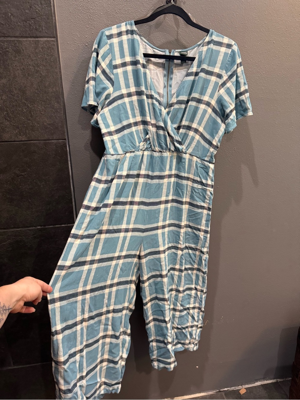 Plaid Short-Sleeve Jumpsuit in Teal Blue